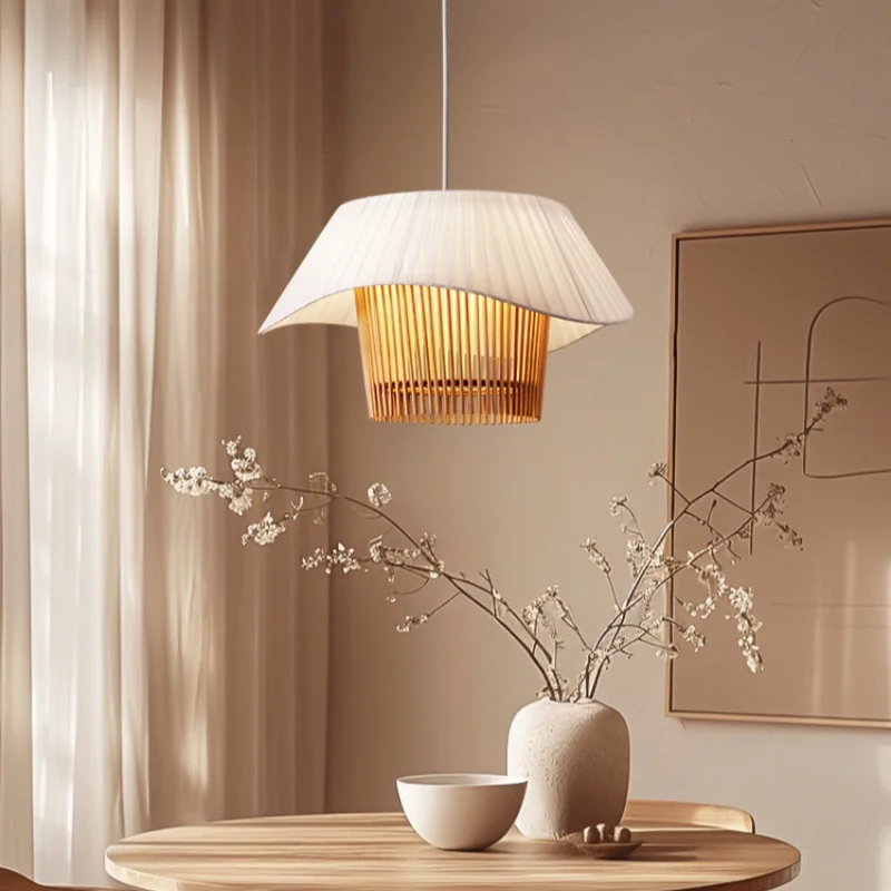 

Japanese Style Wooden Cream Style Fabric Chandelier For Bedroom Dining Room Nordic Solid Wood Hanging Line Lighting Fixture