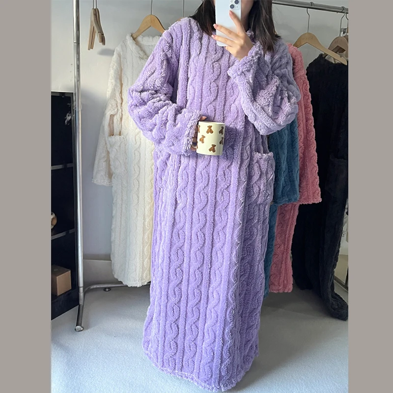 Winter Thicken Coral Velvet Nightgown Women Soft Warm Loose Long Night Dress with Pocket Comfort Pajamas Nightdress Sleepwear