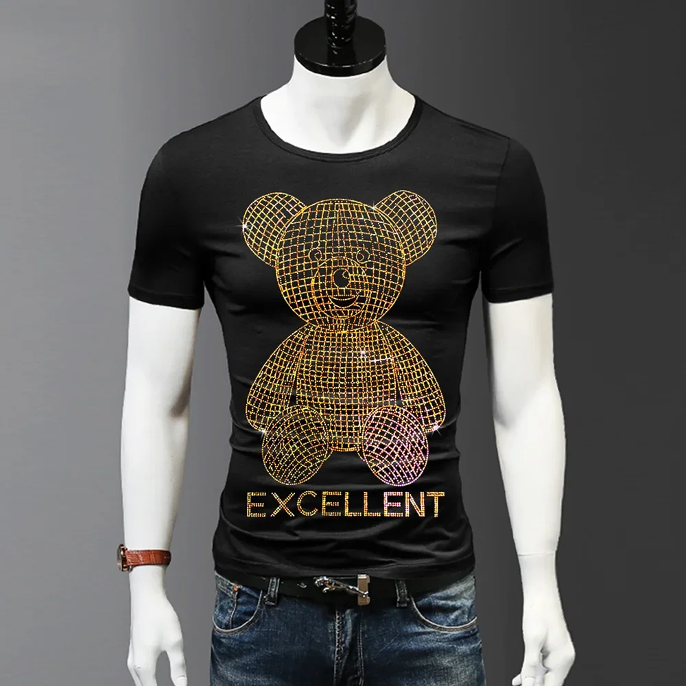 New Style Shining Golden Cute Bear Diamond Short Sleeve Tees For Men Cotton V Neck T-SHIRTS S-5XL Oversized T Shirts Male Tops image 2