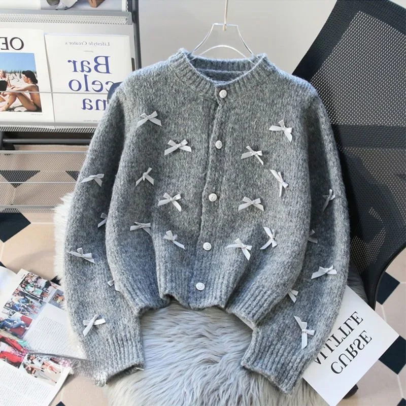 

Sweater Jacket, Women's Spring and Autumn New Style Bow Knit Cardigan Tea in Tea Unique and Chic Top