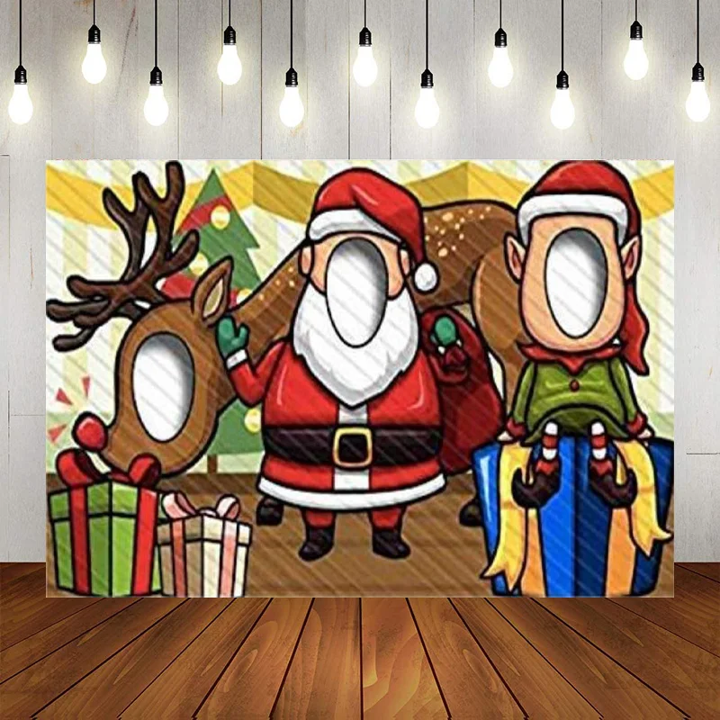 Santa Claus Elf Reindeer Christmas Hole  Photo Banner Backdrop Face Background Play Party Game Holiday Decor Party