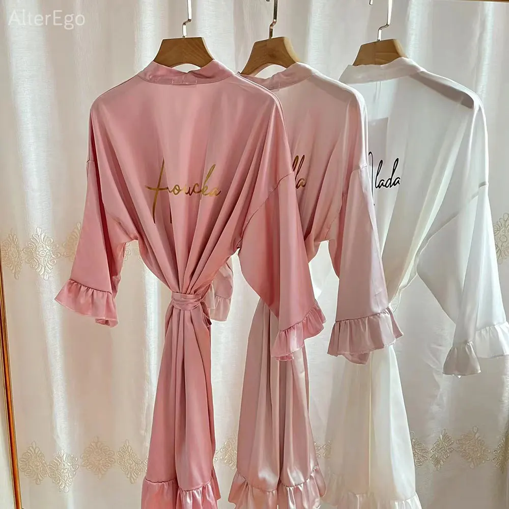 Personalized Bridesmaid Robes with a Ruffled Bridal Shower Dressing Gown Unique Wedding Day Robe For Bride Custom Ruffle Kimonos