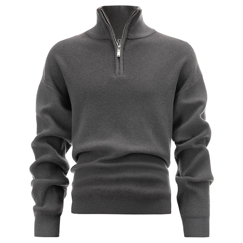 

Пуловеры, однотонный мужской вязаный свитер, водолазка на молнии, вязаные свитера, легкая эластичность, свободный крой, повседневная осень 2025 г.