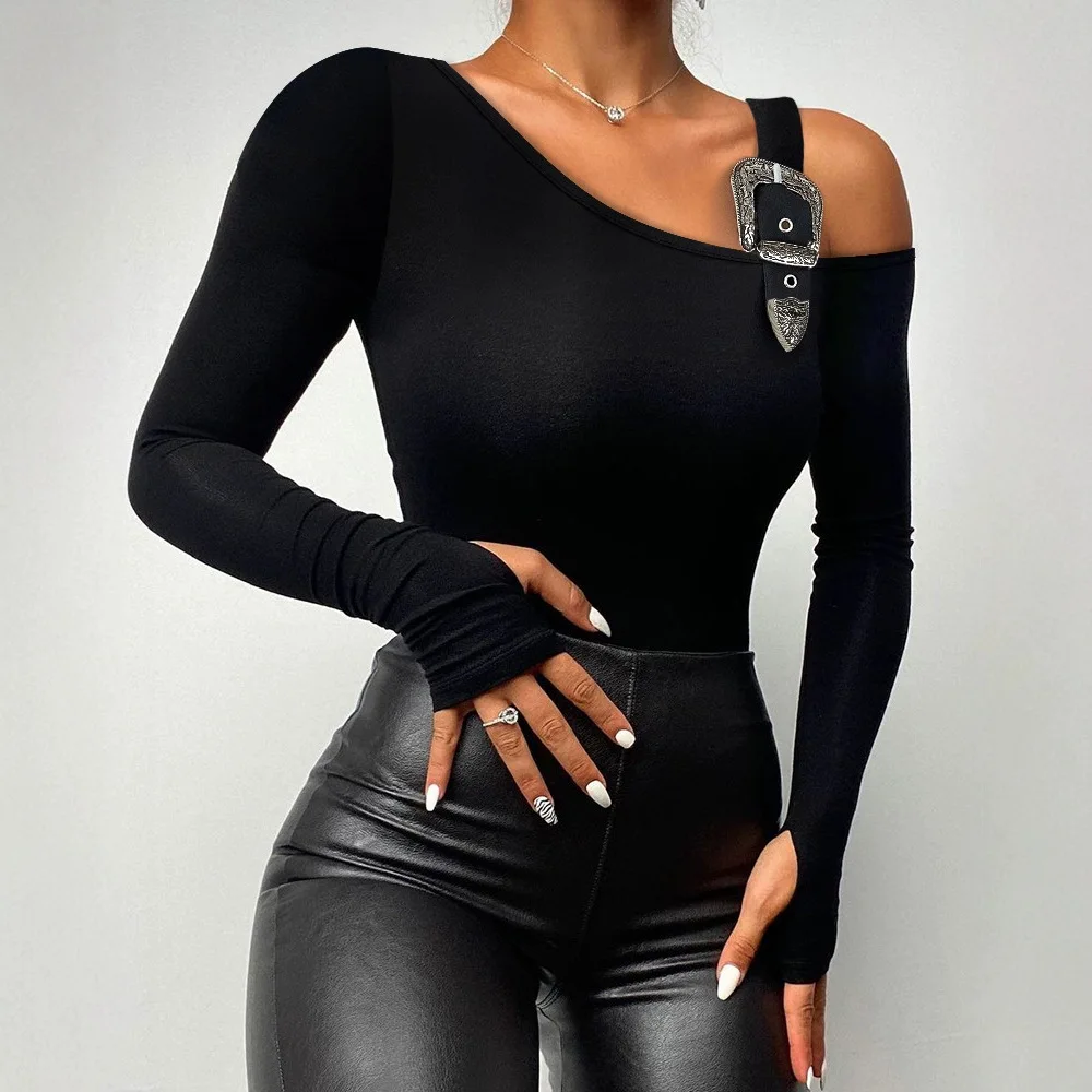 

Elegant Tops Women Clothes Pullover 2024 Autumn Winter Spring Fashion Casual Sexy Cold Shoulder Long Sleeve Buckled Slim T-Shirt