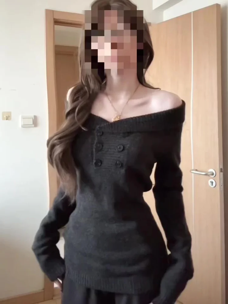 Retro Spicy oulder Bared Long Sve Knitted Sweater Slimming ey Women's Faion Autumn Top Casual Comfortable Inner Wear