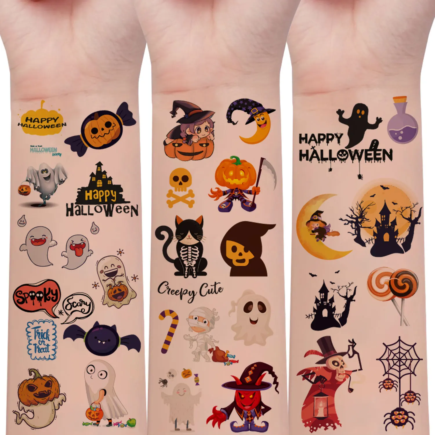 10 Halloween Tattoo Stickers, 150 Witch, Pumpkin, Skull, Ghost, Bat Halloween Element Patterns, Artistic Decoration Stickers, Perfect Halloween Party Favors