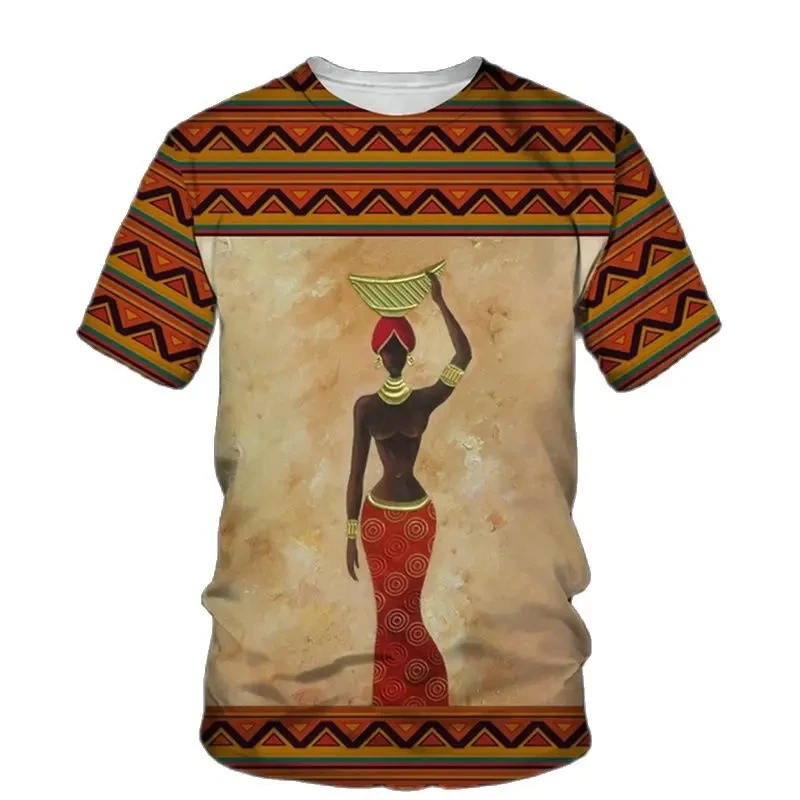 Summer Vintage Trend African Dance Pattern Short Sleeve Daily Casual Fashion Sports Style Comfortable Men's Round Neck Loose T-s
