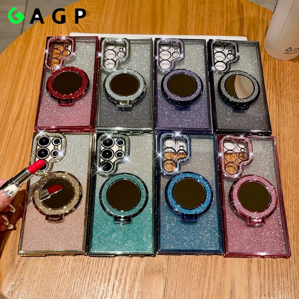 Mirror Glitter Bracket Holder Magsafe Case for Samsung Galaxy S24 S23 S22 Ultra S22 S23 S24 Plus S24ultra Diamond Cover