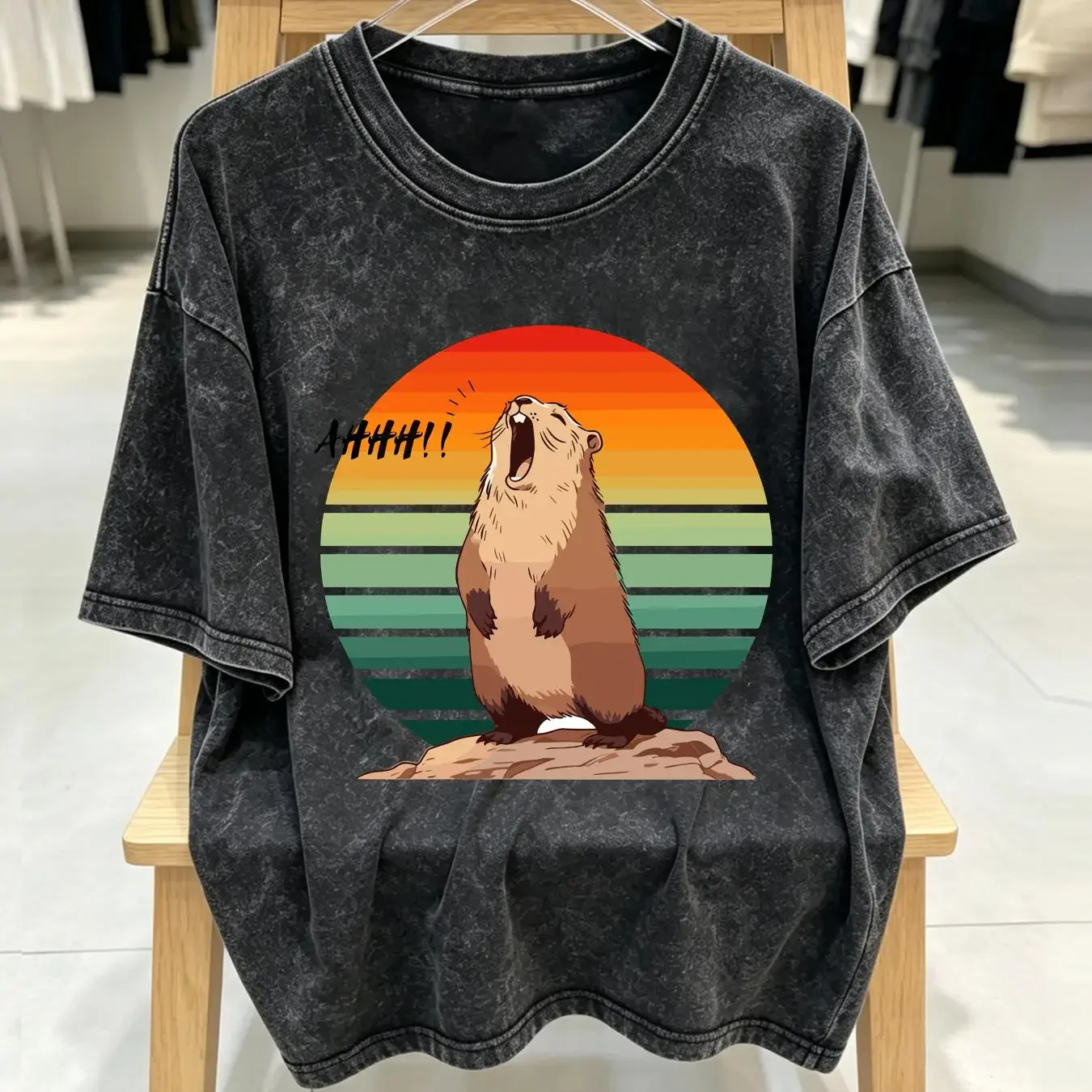 washed T Shirt Screaming MarmoT Meme Groundhog Prairie Dog Funny Animal long or short sleeves vintage Washed Comfortable Casual