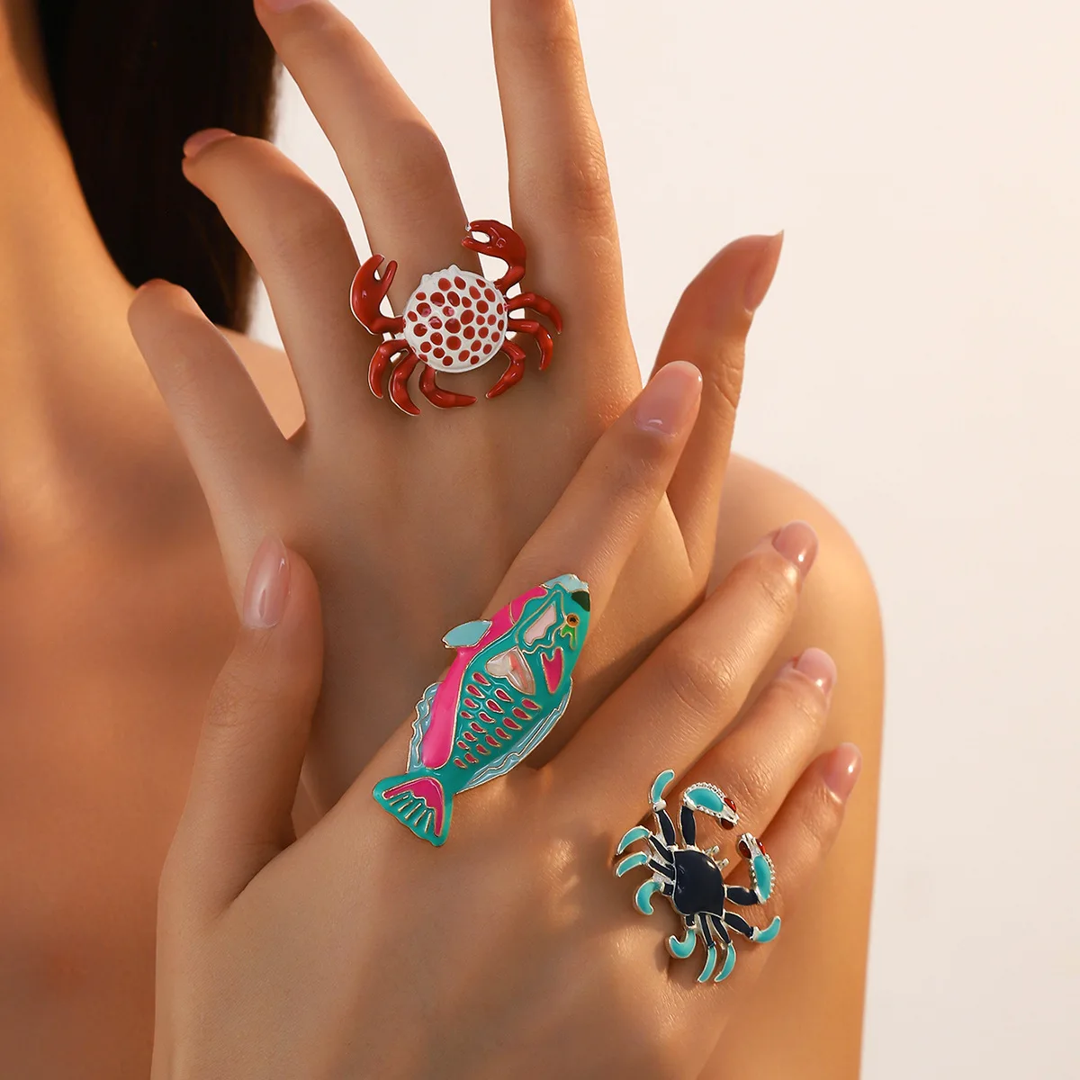 Cute contrasting crab fish ring, retro dripping oil marine animal open ring, summer seaside childlike fun