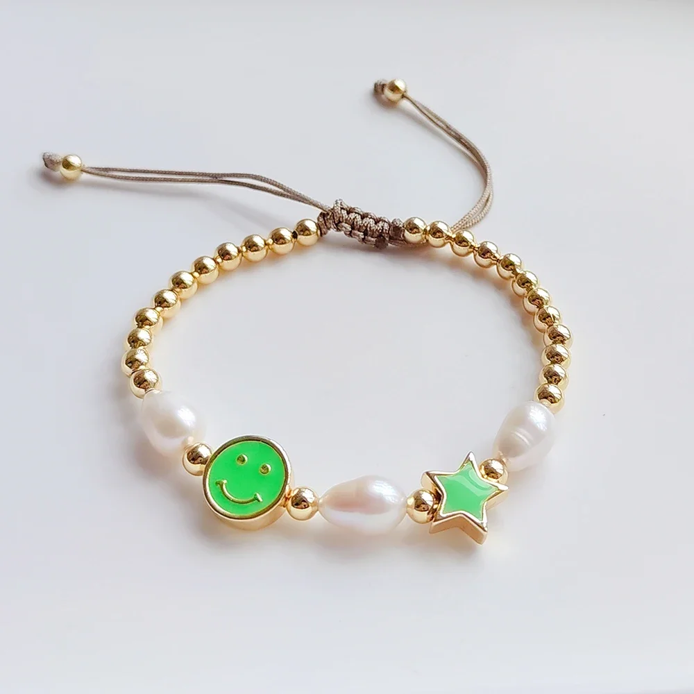 KKBEAD Freshwater Pearls Bracelets Y2k Accessories Gold Plated Beads Bracelet for Women Colorful Smiley Star Charm Pulseras