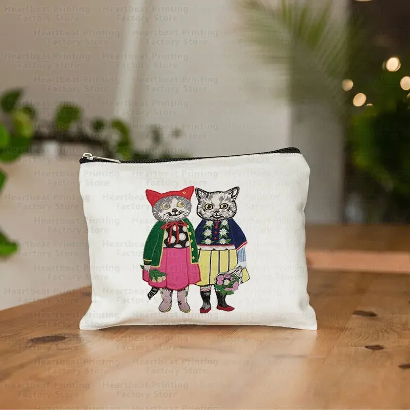 Illustration Cat Girl Print Heat Transfer Multifunction Pencil Case Women Makeup Bag Fashion  Pretty Japanese Style Cosmetic Bag