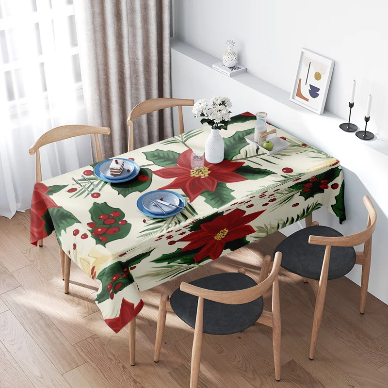 

Christmas Tablecloth Floral Design Polyester Rectangular Table Linen Red Poinsettia Green Holly Leaf Decoration Home Decor 160x2