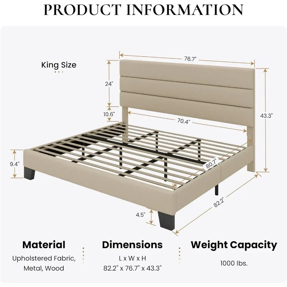 King Platform Bed Frame with Upholstered Fabric Headboard, Mattress Foundation with Strong Wooden Slats Support|