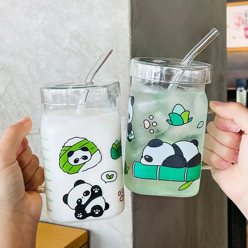 

Panda Glass mug, Creative Square Water Cup, Korean Style High Beauty 550ml Large Capacity Milk Cup, Juice Cup