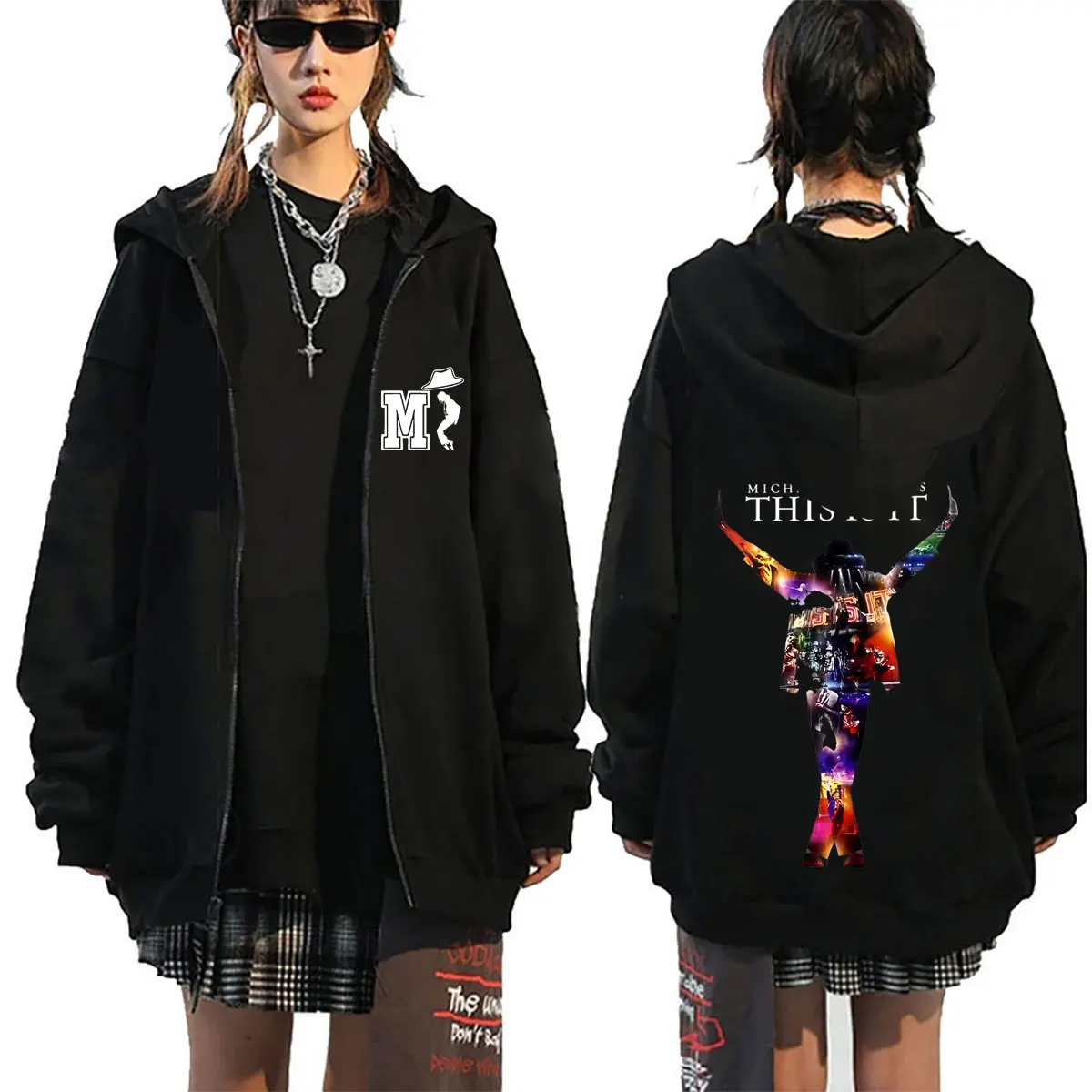 

King of Pop Michael Jackson Classic Posture Graphic Zipper Hoodie Men Women Vintage Gothic Rock Hip Hop Oversized Zip Up Jacket
