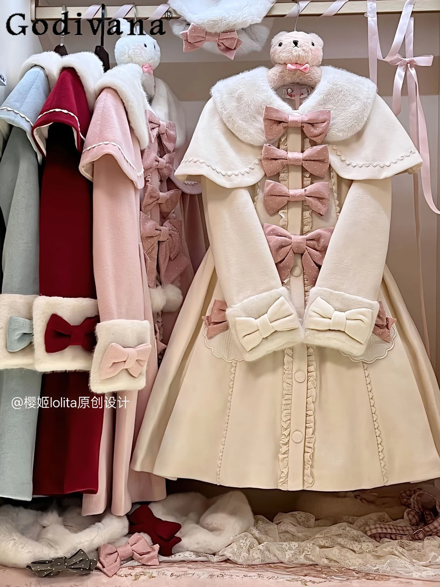 

Winter New Japanese Original Elegant Lady Lolita Bowknot Mid-Length Woolen Coat Warm Thickened Doll Feel Cloak Two-Piece Set