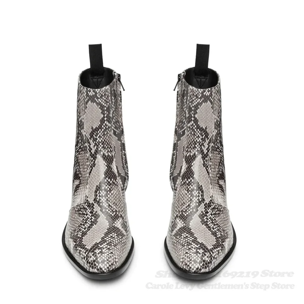 White Snakeskin Genuine Leather Chelsea Boot Men Pointed Toe Chunky Heel Side Zipper Luxury Classic Men Running Shoes Ankle Boot