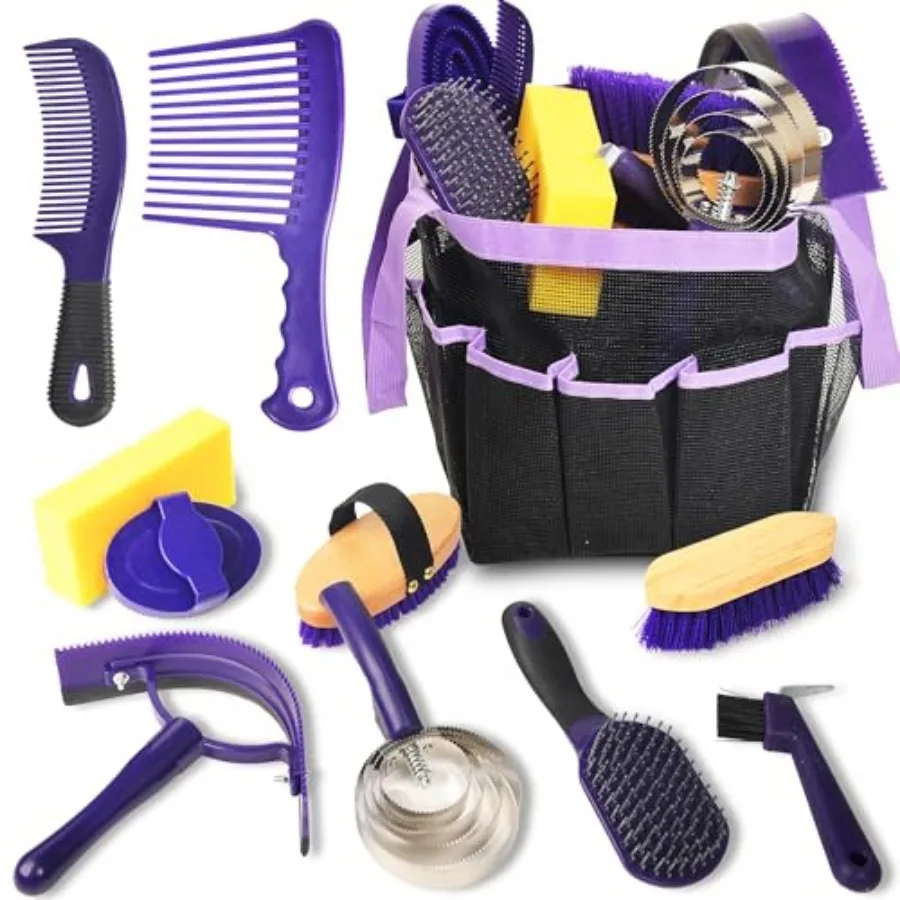 Horse Grooming Kit - 11 Piece Bathing Supplies with Organize Bag, Full Body Kit Including Sweat Scraper, Bath Sponge, Hoof Pick