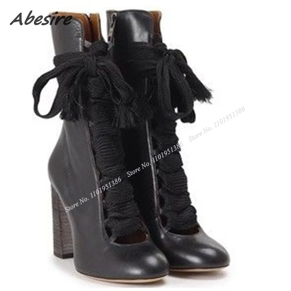 

Abesire Black Hollow Lace up Boots Wodden Heel Solid Shoes for Women Chunky High Heel Ankle Boots Knee High Zapatillas Mujer