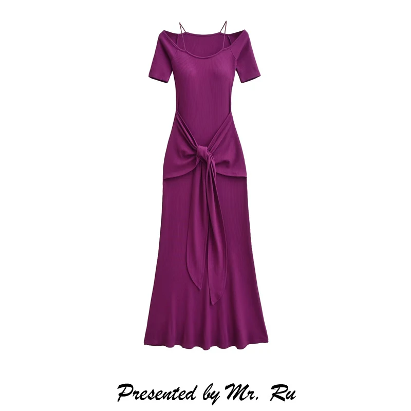 Slimming Purple Knitted Dress French Style Drawstring A-Line Silhouette Short Sleeve Casual Wear Fake Two-Piece Design