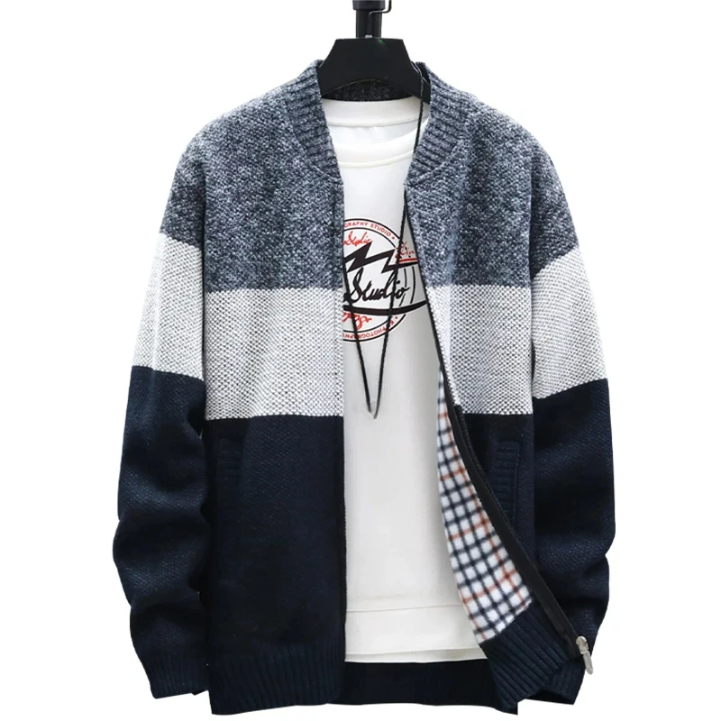 

2025 New Autumn Winter Cardigan Sweater Men Fleece Zipper Sweaters Velvet Contrast Striped Sweater Coats Casual Jackets