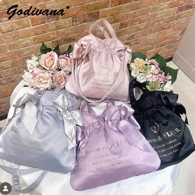 Japanese Style Cute Satin Silk Double Bow Messenger Bag Bronzing Letters Drawstring Shoulder Bag Girl Women\'s Soft Handbags