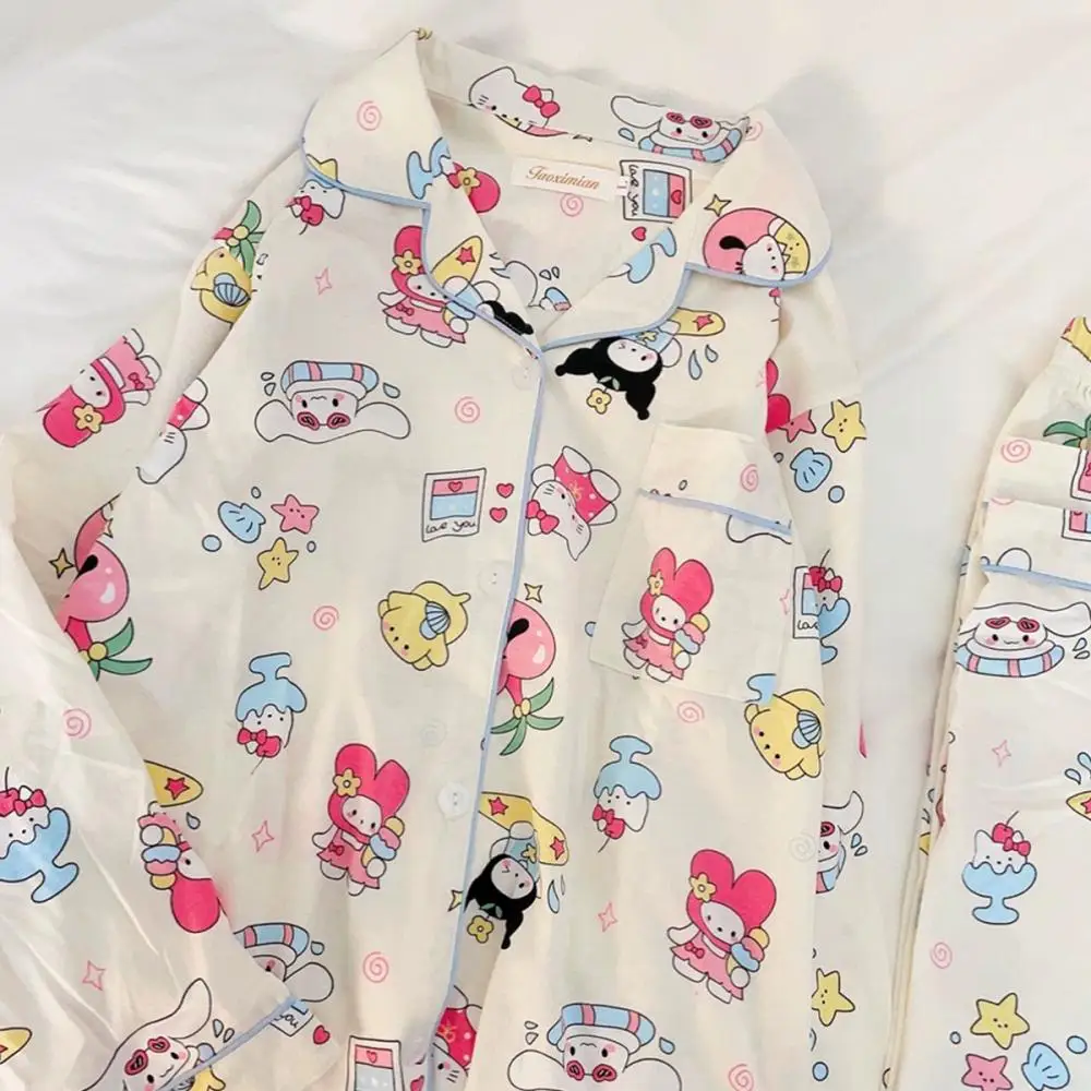 

2Pcs Cute Cartoon Melody Hello Kitty Pajamas Suit Sanrioed Anime Kawaii Women Spring Tops Pants Loungewear Homewear Sweet Girls