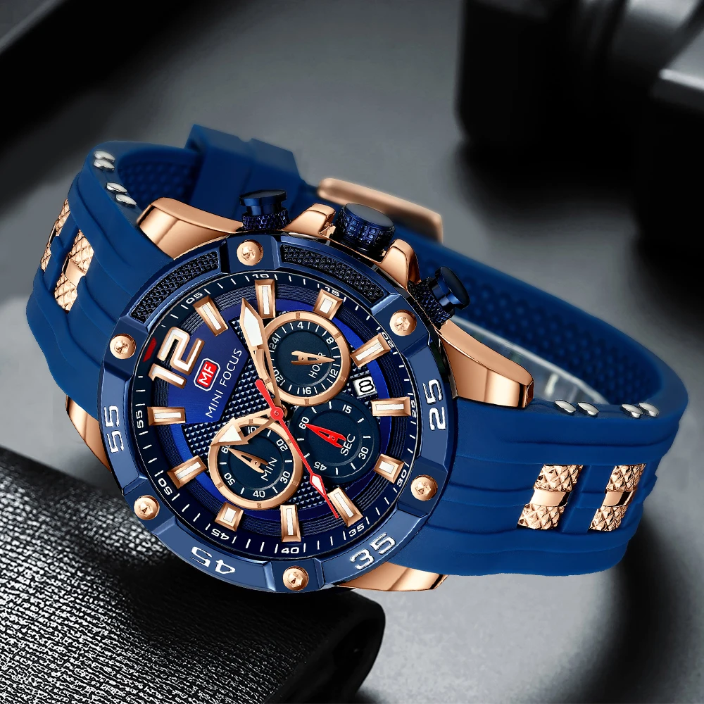 MINI FOCUS Men Sports Quartz Watch Luminous Dial Hands Soft Silicone Strap Waterproof Casual Daily Male Wrist Watch