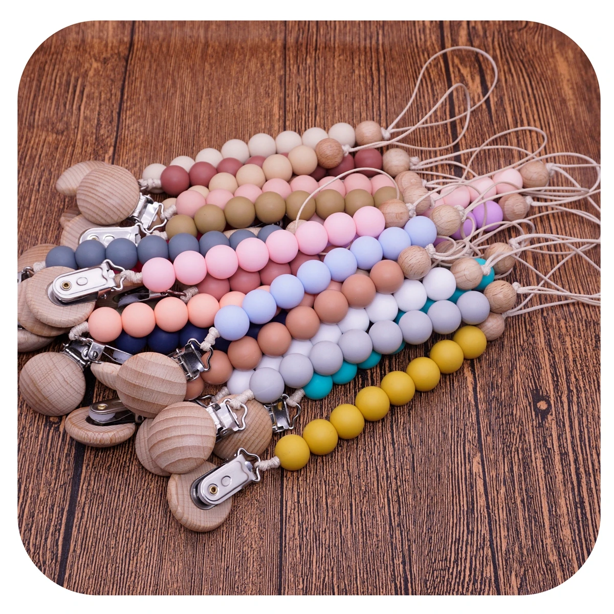 

5Pcs Baby Anti-drop Chain Pacifier Clips Silicone Beads Natural Wood Infant Appease Soother Chain Clips Dummy Holder Clip