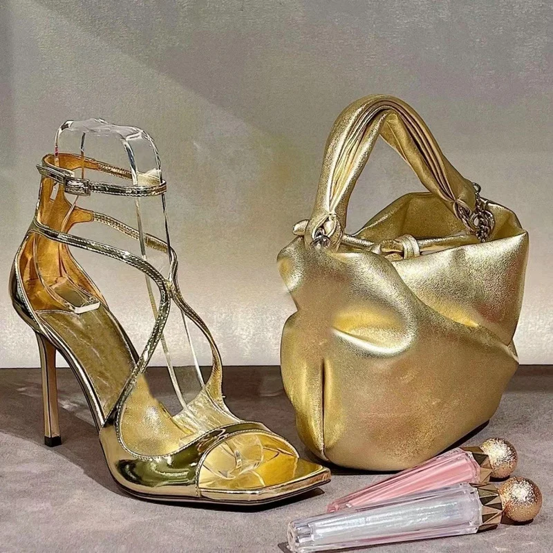 2026 Summer Women New Fish Mouth Gold Thin Heels Open Toe Sexy High Heels A Line Buckle Square Head Sandals