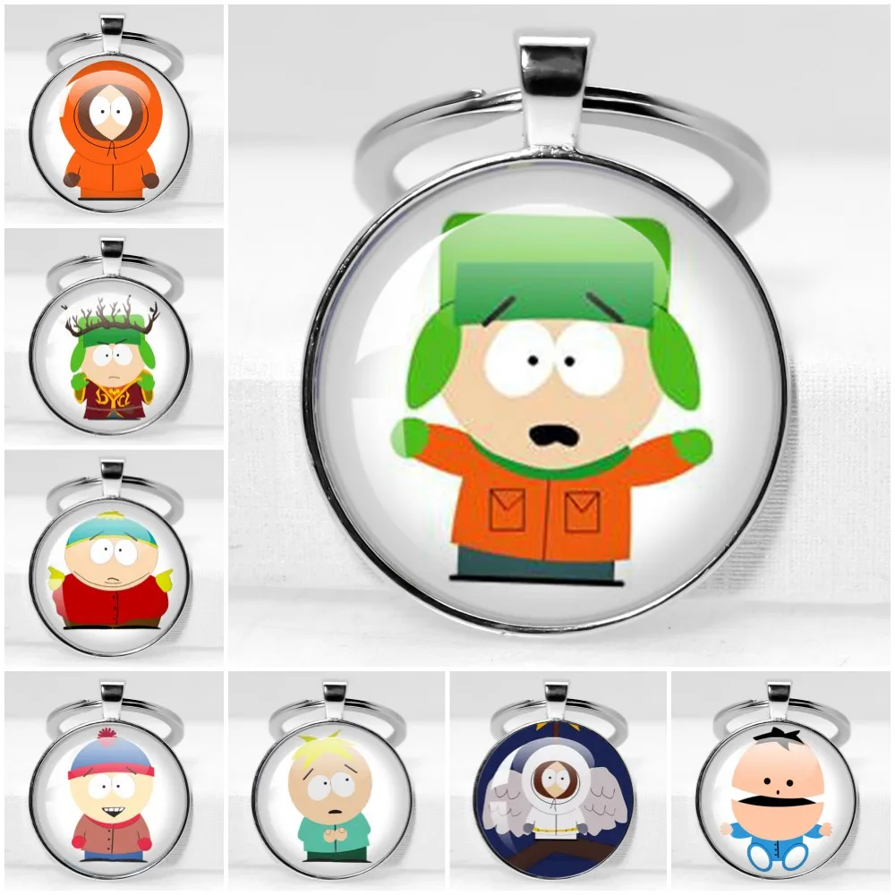 South Park 25MM/30MM Glass Cabochon Pendant Stan Eric Kenny Matt Keychain Jewelry Accessories Key Ring Fans Gift