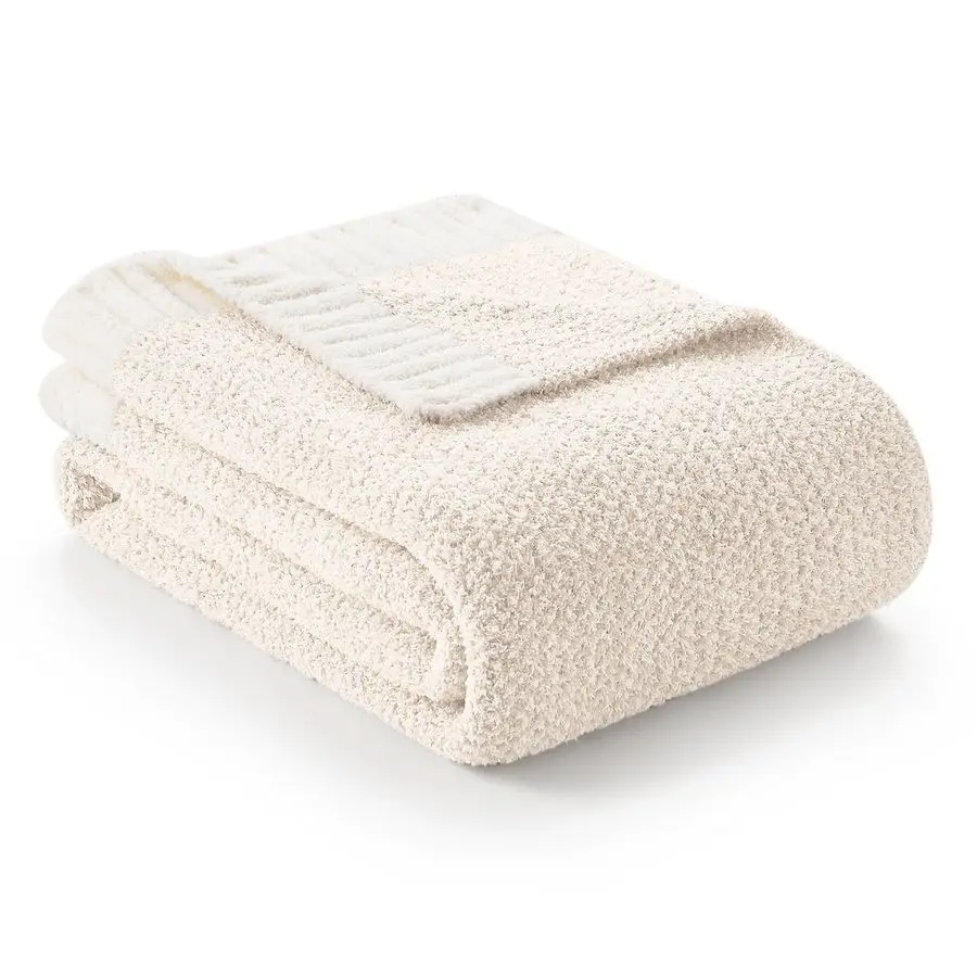 

Buttery Ivory Throw Blanket for Couch, Reversible Super Soft Knitted Blankets, Warm Cozy Knit Fuzzy Plush Lightweight Throws Dup