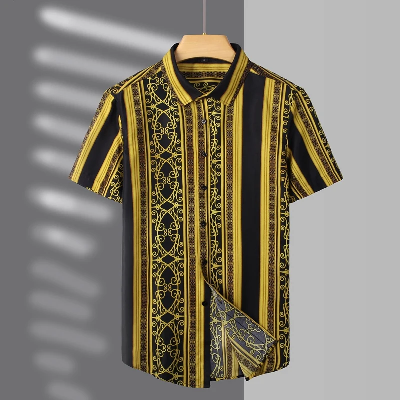 

2025 Summer Thin Breathable Short Sleeve Shirts Men Retro Print Slim Casual Shirt Hawaiian Beach Shirt Social Party Streetwear