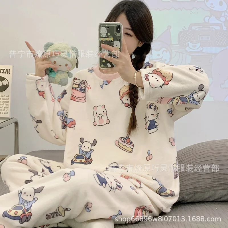 coral fleece Hello Kitty pajamas women\'s winter plus velvet thick warm Kuromi pajamas Flannel Cinnamoroll Pajamas