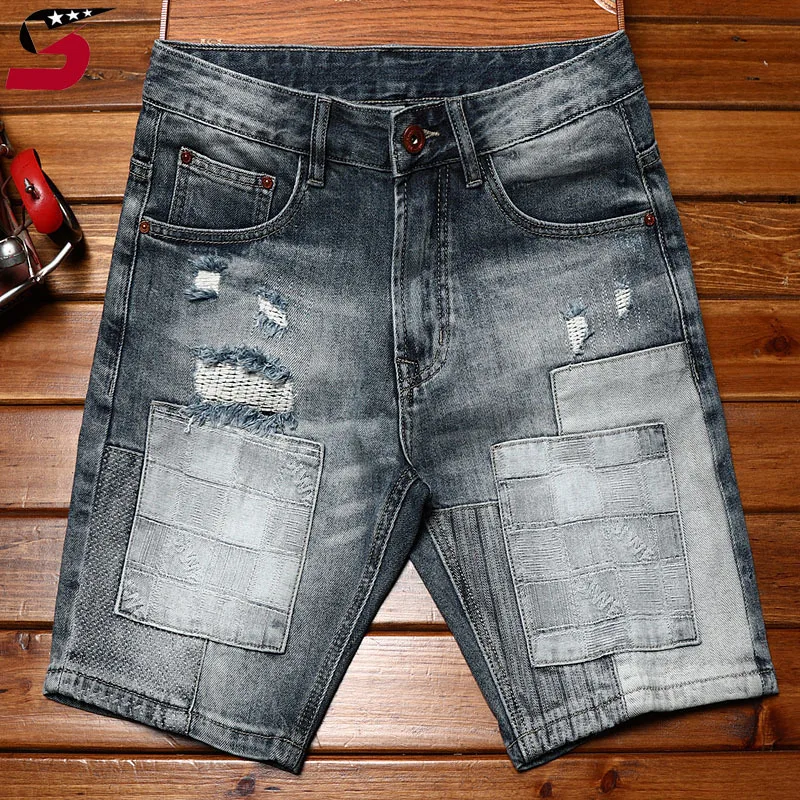 High-End Motorcycle Denim Shorts Men2024New Elastic Slim Fit Summer Fashion Brand Hole & Patch Casual Fashionable Fifth Pants