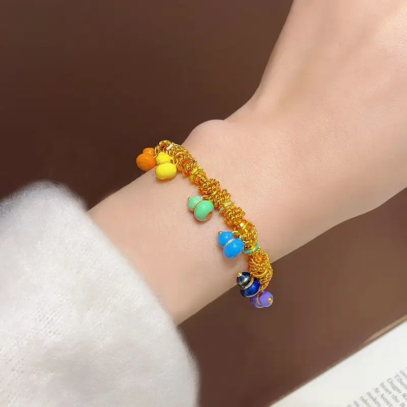 Gold Plated Enamel Lucky Gourds and Sparkling Beads Bracelet with Multicolor Fortune Charms for Women Elegant Protective Gift