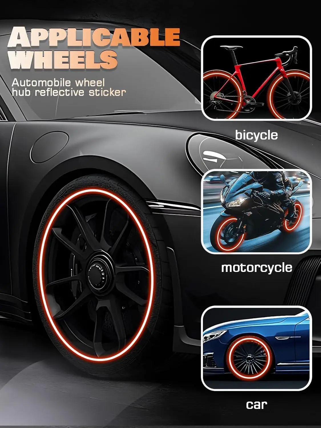 20Pcs Car Wheel Reflective Strips Colorful Hub Stickers Car Styling Decal Sticker Auto Moto Decor Decals Automobile Accessories