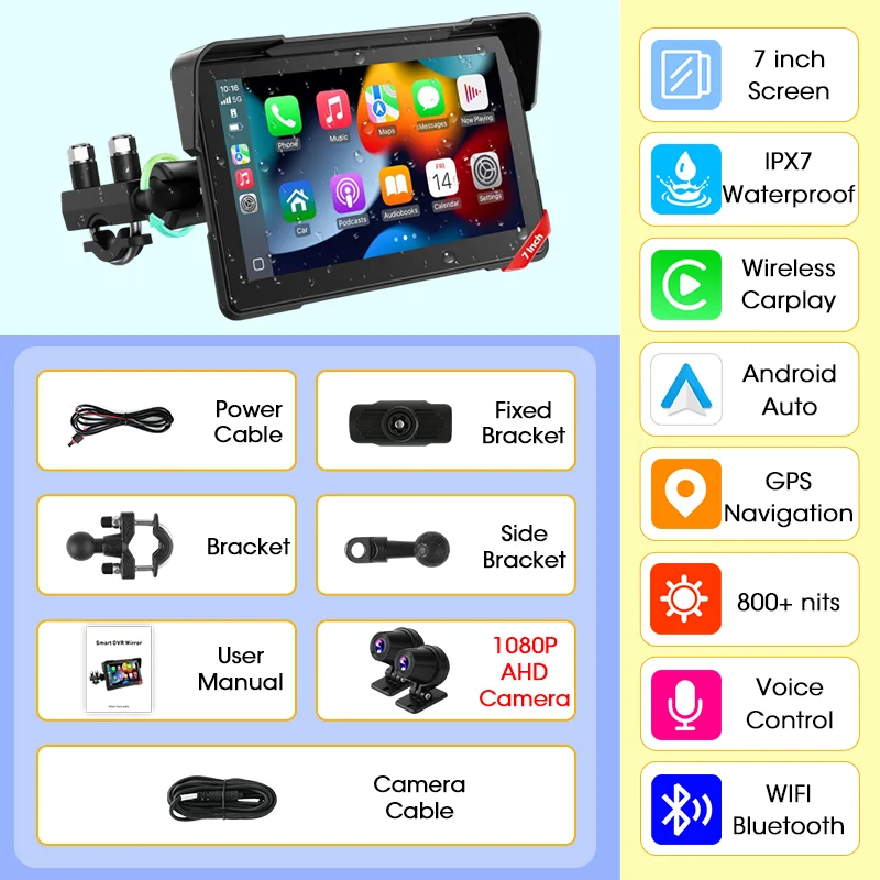 Srnubi 7 inch groot scherm motorfiets Carplay Android Auto draagbaar digitaal moto-dashboard Moto DVR BT GPS-navigatie met TPMS