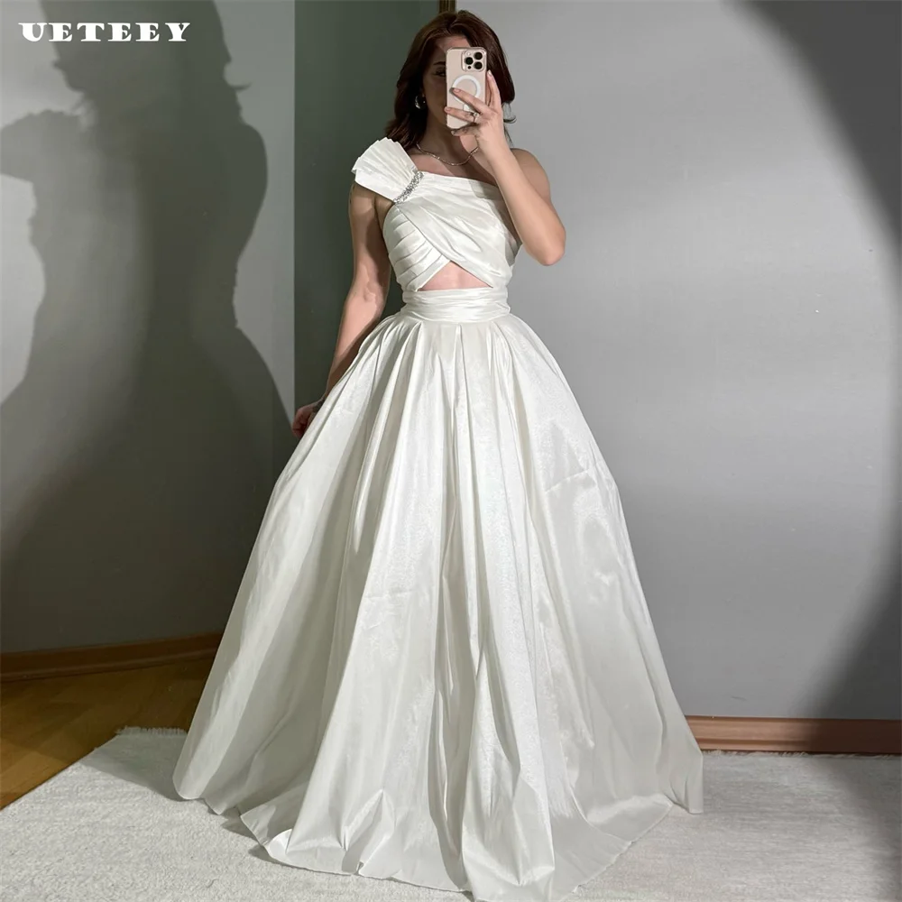 UETEEY Customized Asymmetrical One Shoulder Satin A Line Wedding Dress Women Pleats Zipper Back Cut Out Court Train Bridal Gown