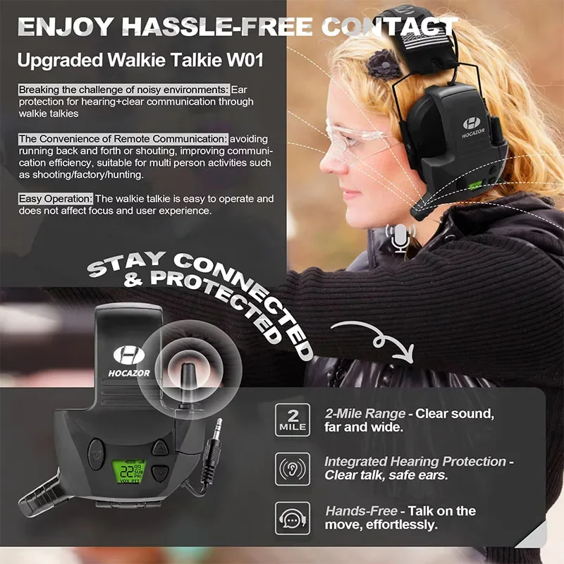 HOCAZOR Walkie-Talkie Tactical Noise Cancelling Headphones Adapter Electronic Shooting Earmillation  Microphone 3 Mile Range