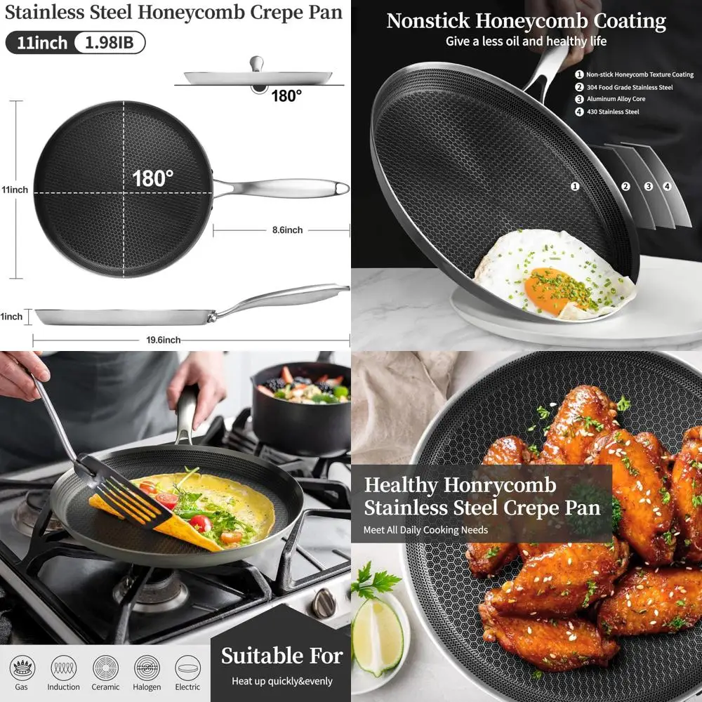 

StainlSteel Crepe Pan - 11inch Nonstick Crepe Pan, StainlSteel eycomb Coating Pancake Pan, Non Stick lat Skillet Tawa Dosa Torti
