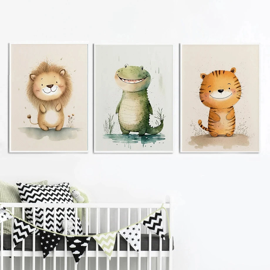 Smiling Little Lion Baby Crocodile Tigerling watercolour Children's Room Fashion Wall Art Canvas Painting Nordic Poster Decor