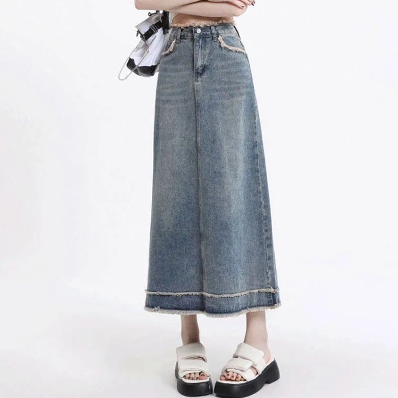 Summer Female Chic Raw Edge Thin Jeans Skirt Lady Retro Blue Mid-Long Dress Women Trendy Solid High Waist Denim Skirt