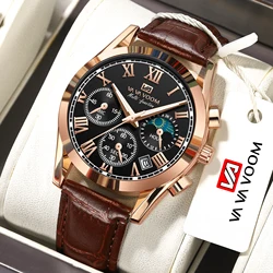 Reloj Multi Functional Mens Sports Watch 40mm Rose Gold Leather Luminous Timing Quartz Movement Casual Fashionable Men Watchrs