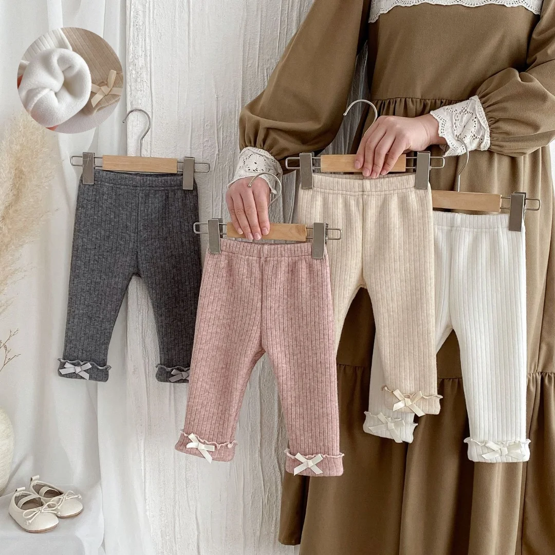 2025 جديد طفل فتاة القطن صوف مبطن طماق الملابس 0-3Y طفل لطيف Bowknot مزين بناطيل تدفئة لينة مرونة الخصر ارتداء اليومي #1