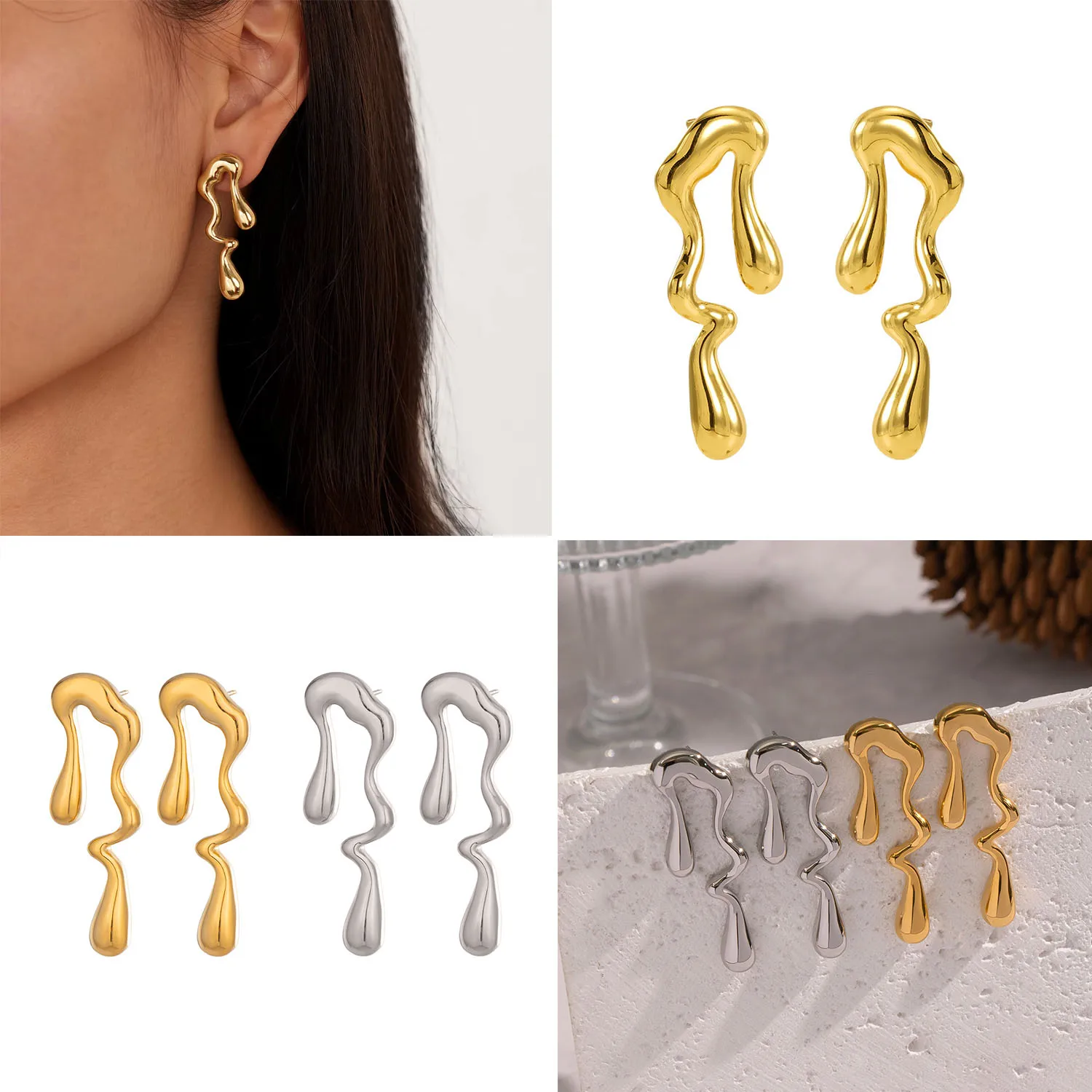 CARLIDANA Unique Female Statement Stainless Steel Earrings Luxury Irregular Teardrop Asymmetric Melting Ice Design Stud Earrings