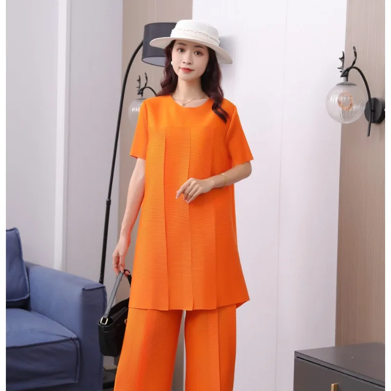 

ALSEY Miyake Women Pant Sets 2024 Summer New Loose Slim Elegant Temperament Top + Casual Fashion Wide-leg Trousers Two-piece Set