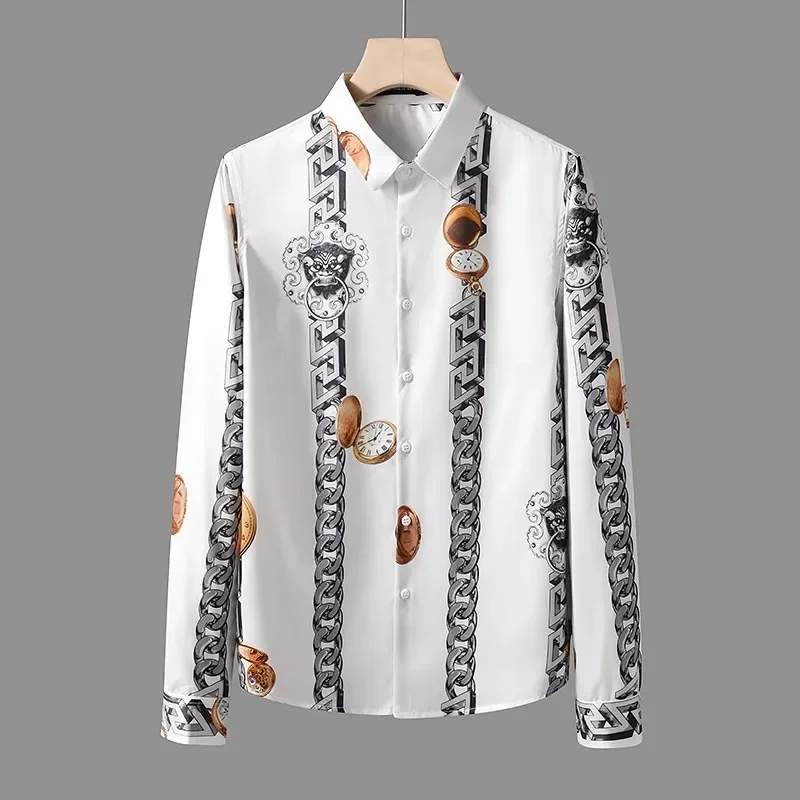 

2023 Long Sleeved Shirt Men's Korean Hairstylist Shirts Youth Slim Fitting Personality Asymmetrical Printed Top Trend