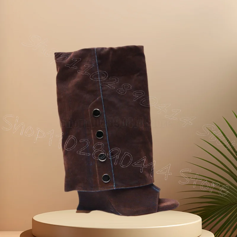 Button Design Brown Suede Strange Style Heels Boots Slip On Women Shoes Open Toe Party Banquet Dating 2025 Zapatos Para Mujere